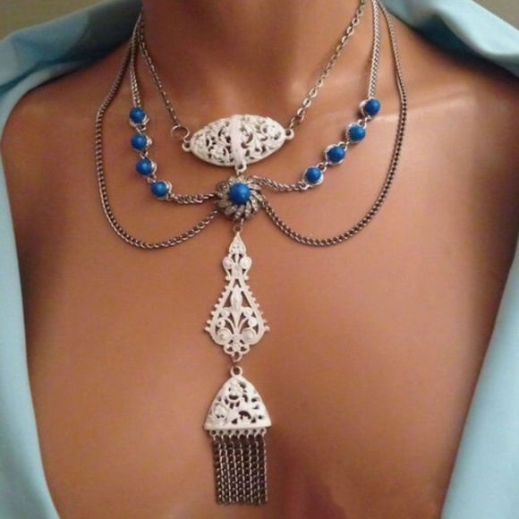 OOAK Artisan Vintage White/Blue Victorian Festoon Style Assemblage Drop Necklace - Picture 1 of 8